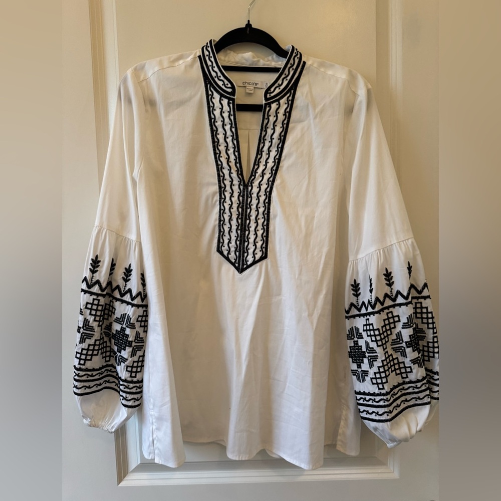 Chico's Elegant White Peasant Blouse with Black Embroidery